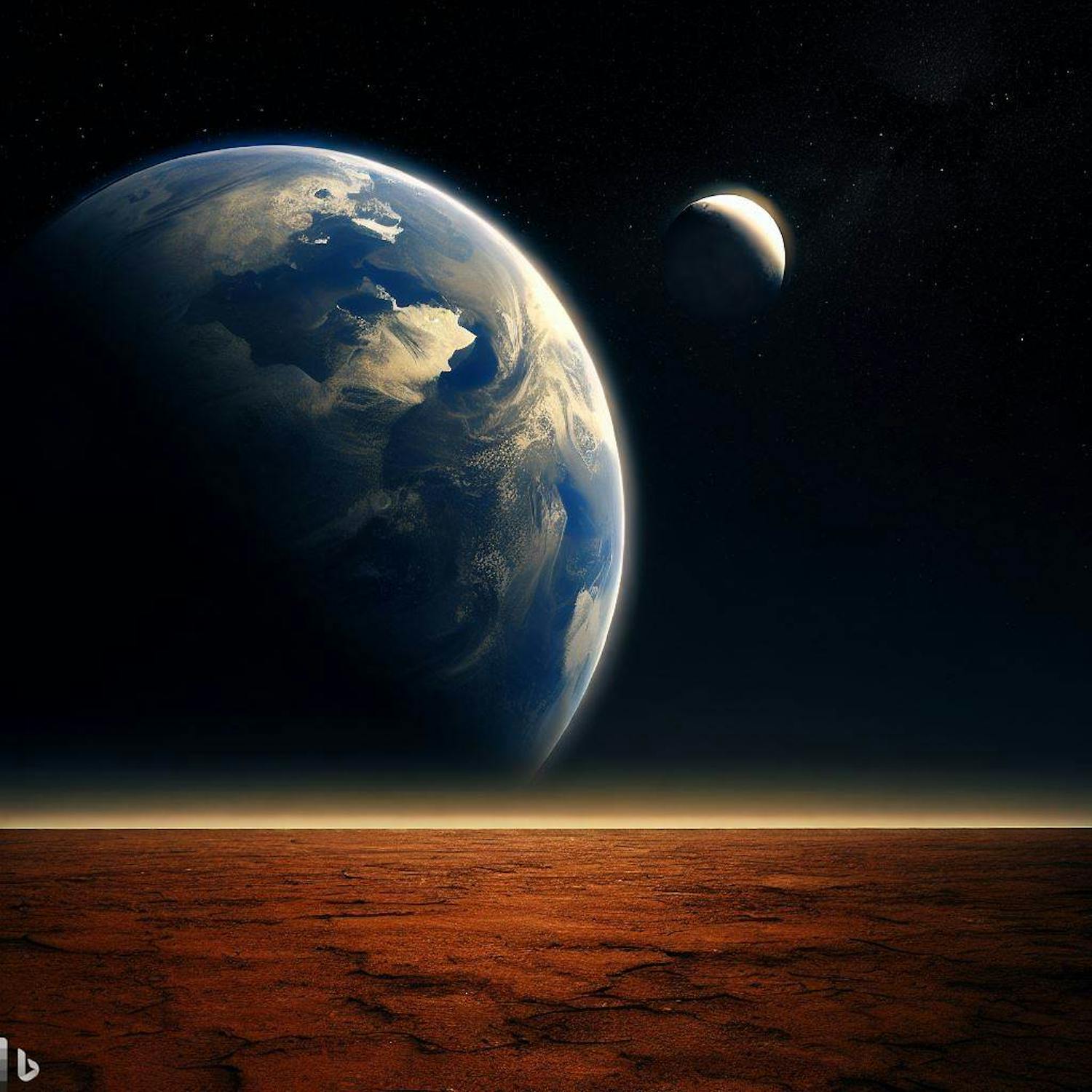 Maa Marsista nähtynä: Tässä pyysimme palvelua näyttämään kuvan maapallosta ja kuusta Mars-planeetalta katsottuna. Kuten esimerkistä näkyy, kuvien mittasuhteisiin ei voi aina luottaa.